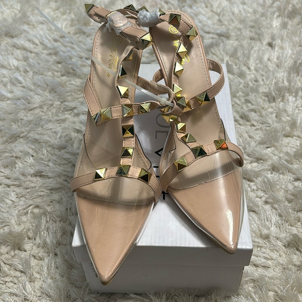 Nude and Clear Studded Ankle Wrap Heel